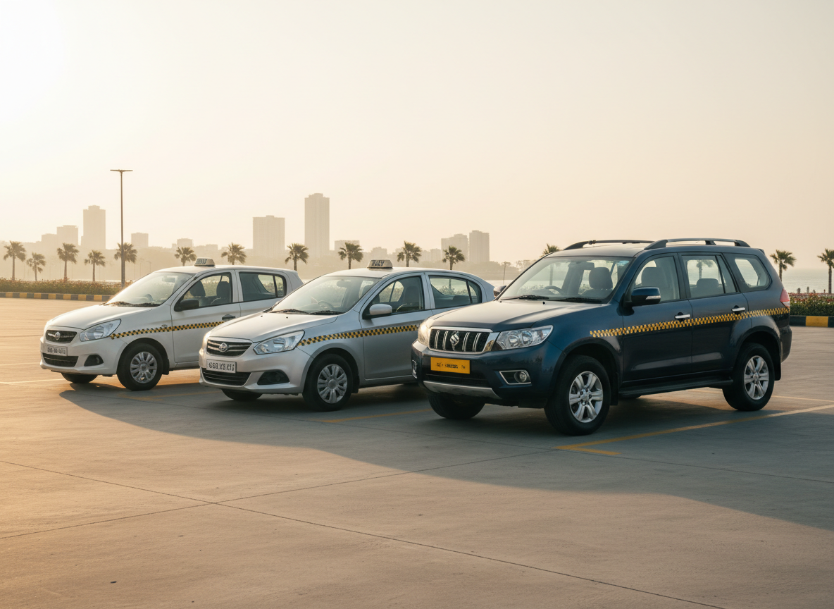 A diverse lineup of taxi vehicles—compact hatchback, mid-size sedan, and spacious SUV—parked diagonally in a spotless outdoor lot, each in neutral professional colors like white, silver, and dark blue. Subtle taxi roof signs and standardized markings keep the look cohesive without specific branding or text. Early morning light casts long, gentle shadows and a soft golden glow on the polished surfaces, while a simple city skyline and a hint of coastal landscape suggest operation across Goa, Maharashtra, and Karnataka. Shot from a slightly elevated angle with sharp focus, the photographic realism highlights fleet variety, readiness, and professionalism.