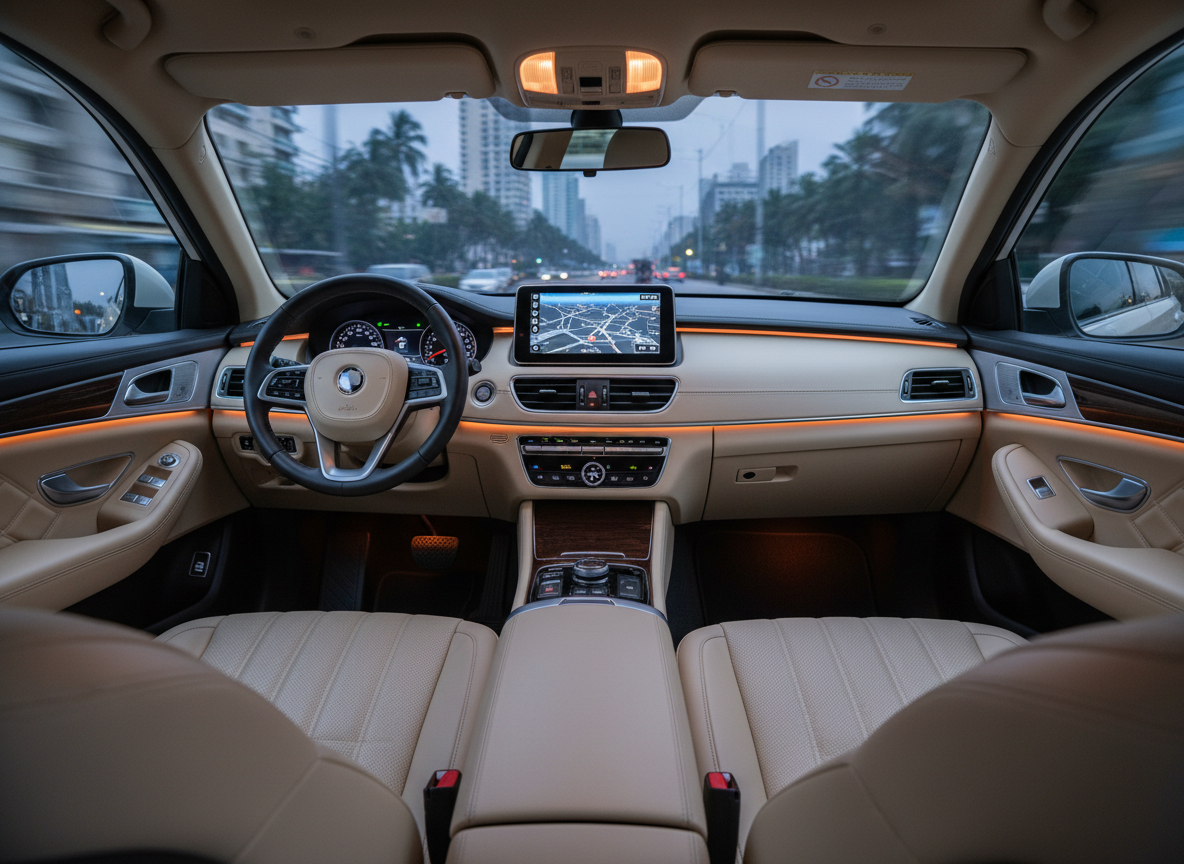 The pristine interior of a premium taxi car, featuring light beige leather seats with detailed stitching, ample legroom, and a meticulously clean dark carpet. A digital meter and GPS navigation screen glow softly on the sleek dashboard, which has brushed metal accents and an uncluttered layout. Outside the side window, a blurred cityscape at dusk hints at movement through Goa or Mumbai. Warm, diffused dashboard lighting combines with cool twilight tones, creating a calm, comfortable atmosphere. Captured from the back seat looking toward the front, with shallow depth of field focusing on the comfort details, in a clean, modern photographic style emphasizing luxury and reliability.